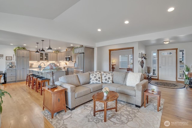 living room featuring sink and light hardwood / wood-style flooring