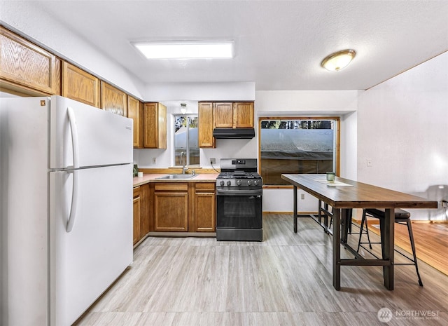 kitchen with freestanding refrigerator, ventilation hood, light countertops, a sink, and gas stove