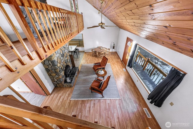 living room with lofted ceiling, plenty of natural light, wood ceiling, and wood finished floors