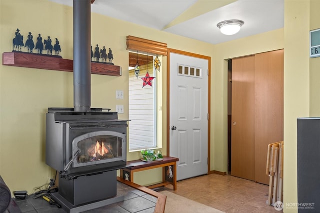 interior space with a wood stove