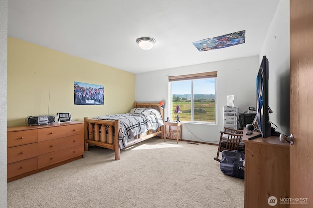 bedroom with light colored carpet