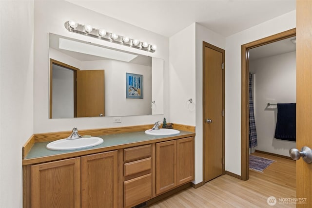 bathroom featuring wood finished floors, a sink, and double vanity