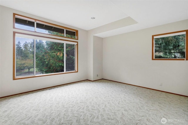 spare room with baseboards, visible vents, and carpet flooring