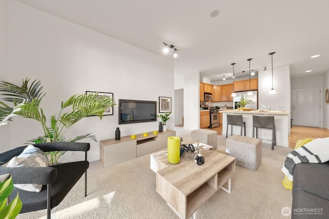 living room featuring sink and track lighting