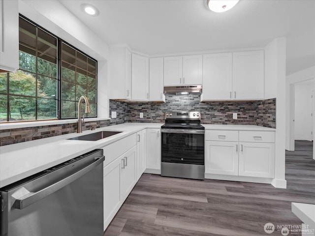 kitchen with white cabinetry, stainless steel appliances, sink, dark wood-type flooring, and decorative backsplash