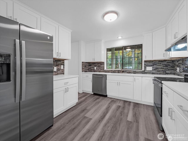 kitchen with white cabinetry, stainless steel appliances, light hardwood / wood-style floors, sink, and decorative backsplash