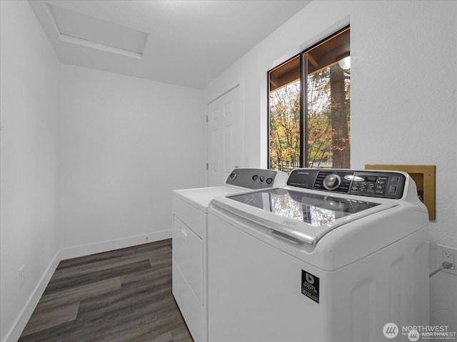 laundry area with washing machine and dryer and dark wood-type flooring