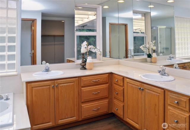 13315 Lost Lake Rd, Snohomish, WA 98296 - bathroom featuring double vanity, a sink, and a stall shower