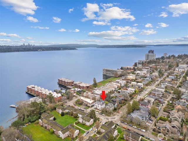 drone / aerial view with a water view