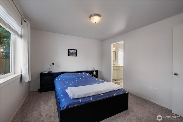 bedroom with connected bathroom and carpet flooring