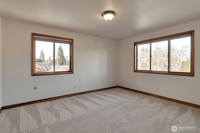 unfurnished room featuring plenty of natural light and light carpet