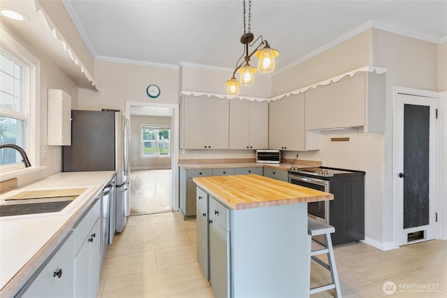 205 S Division, Cashmere, WA 98815 - kitchen featuring butcher block counters, stainless steel appliances, a sink, a breakfast bar area, and ornamental molding