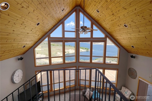 room details with wooden ceiling, ceiling fan, and a water view