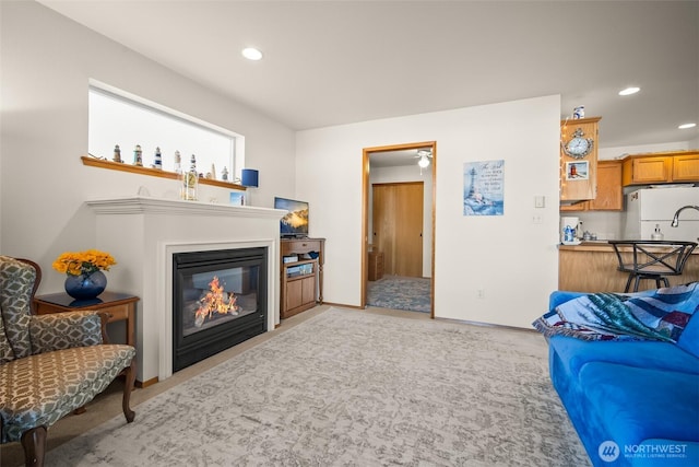 living room with light colored carpet