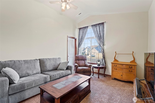 living room with carpet, lofted ceiling, and ceiling fan