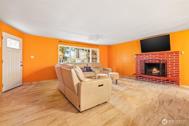 living room with a fireplace