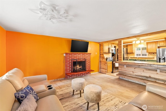 living room with a fireplace and light hardwood / wood-style flooring