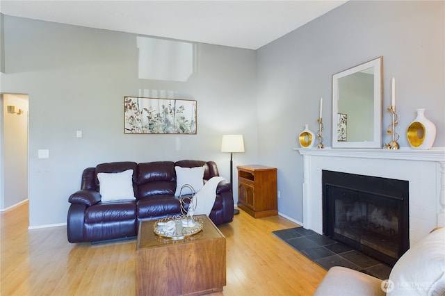 living room with hardwood / wood-style flooring and a fireplace