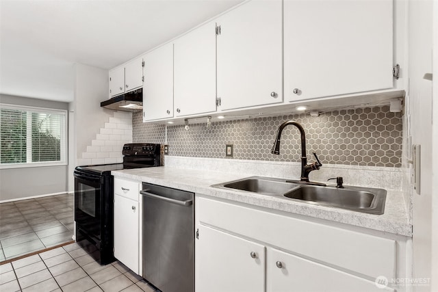 kitchen featuring white cabinetry, sink, backsplash, stainless steel dishwasher, and black electric range