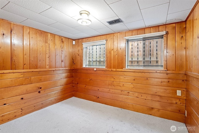 carpeted empty room featuring wooden walls