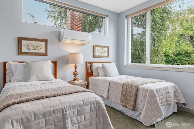 carpeted bedroom featuring a wall unit AC