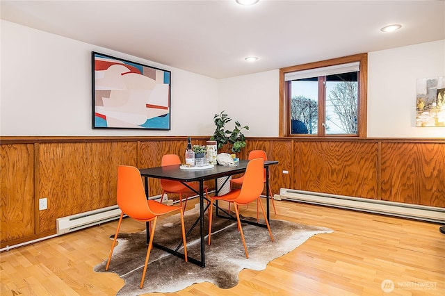 dining space featuring wainscoting, a baseboard radiator, and wooden walls