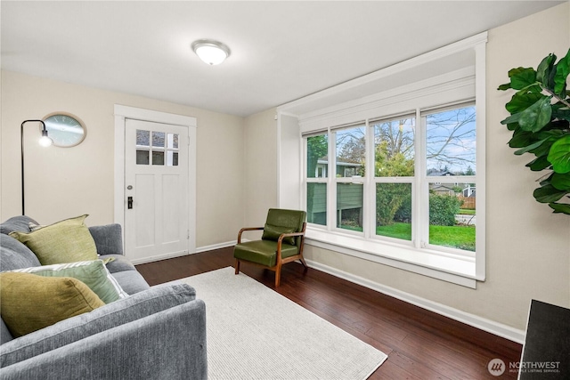 living room featuring baseboards and dark wood-style flooring