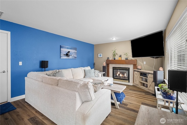 living room with a tiled fireplace and wood-type flooring