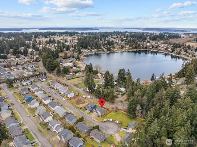 drone / aerial view featuring a water view