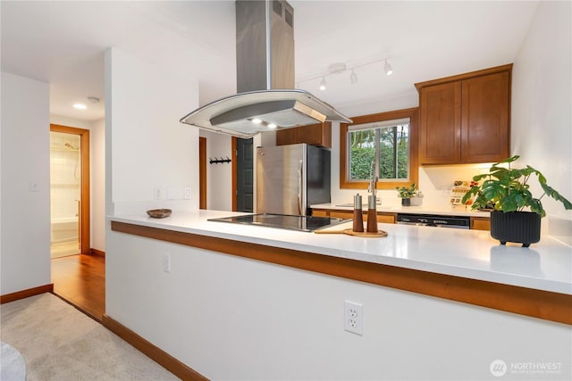 kitchen featuring stainless steel appliances, light countertops, a sink, island range hood, and a peninsula