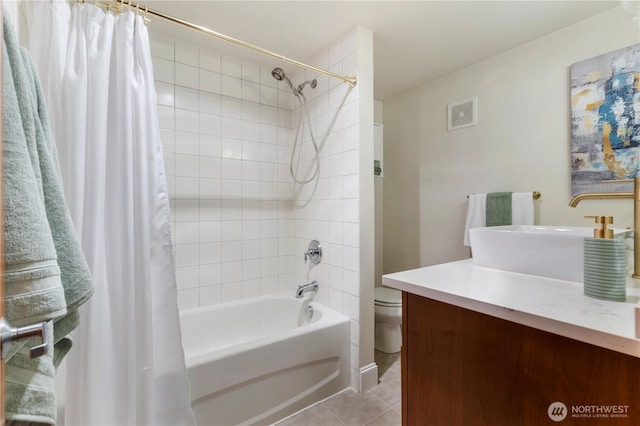 bathroom with visible vents, toilet, tile patterned floors, shower / bath combination with curtain, and vanity