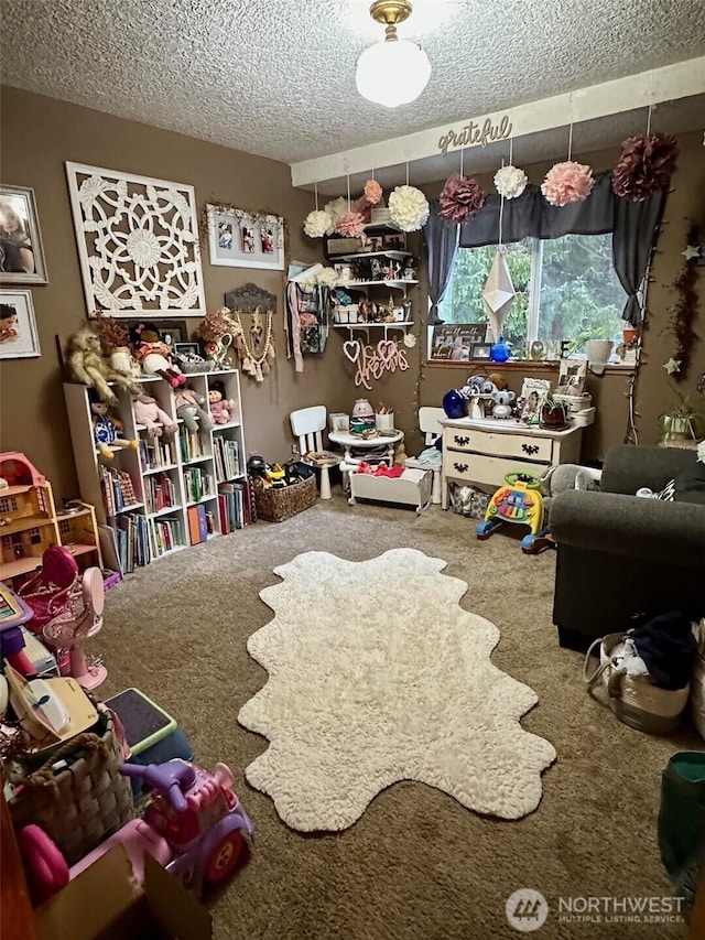 rec room with carpet flooring and a textured ceiling