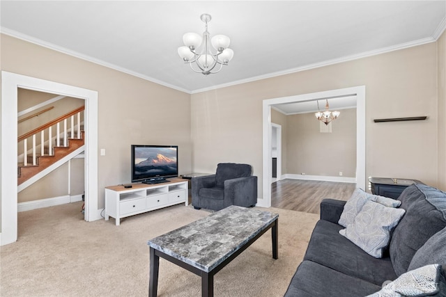 carpeted living room with an inviting chandelier and crown molding