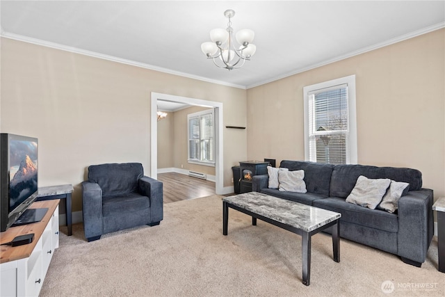 living room with a notable chandelier, crown molding, and a baseboard radiator