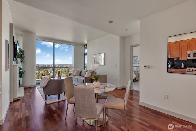 dining space with sink, floor to ceiling windows, and dark hardwood / wood-style floors