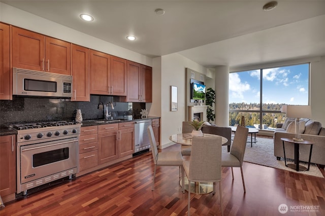 kitchen featuring stainless steel appliances, tasteful backsplash, sink, and dark wood-type flooring