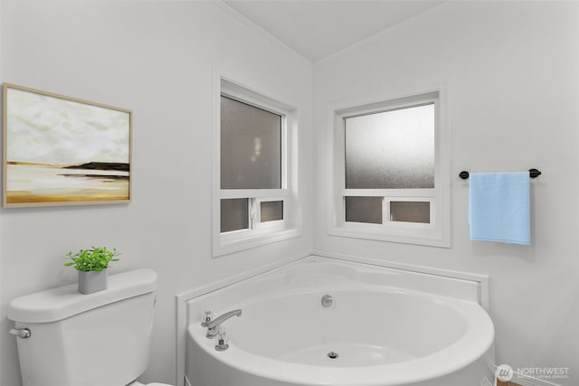 bathroom featuring ornamental molding, a bathtub, and toilet