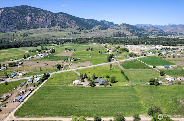 birds eye view of property featuring a mountain view and a rural view