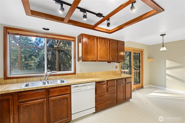 kitchen with hanging light fixtures, sink, a tray ceiling, white dishwasher, and track lighting