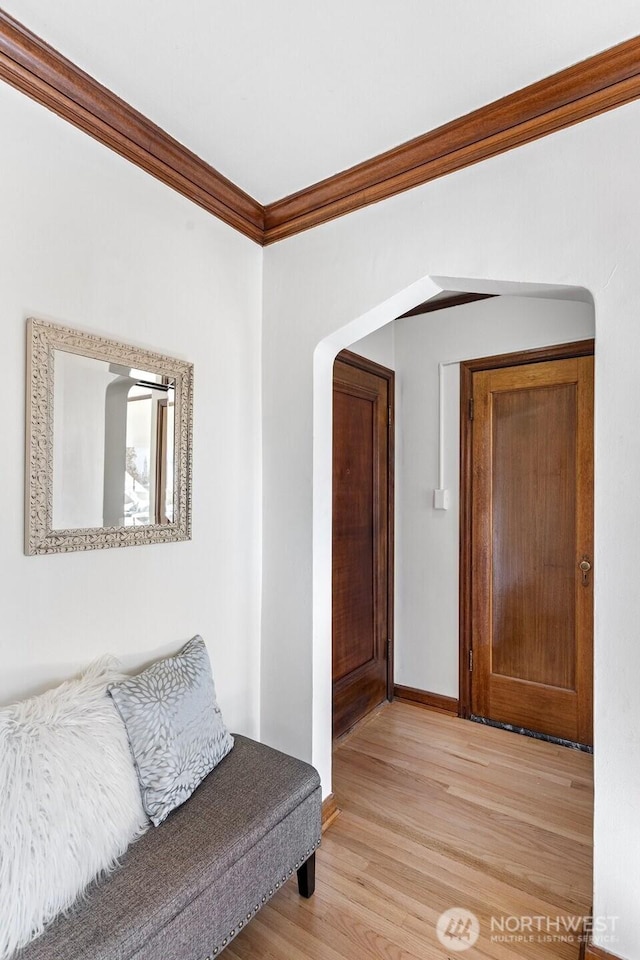 interior space featuring light wood-type flooring and ornamental molding