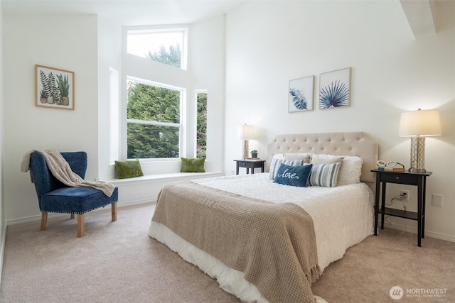 carpeted bedroom with high vaulted ceiling