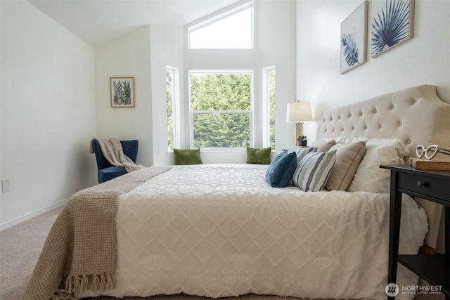 bedroom featuring carpet flooring and vaulted ceiling