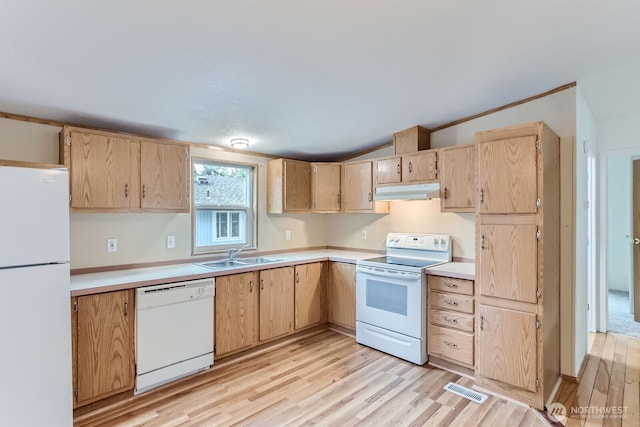 kitchen featuring lofted ceiling, under cabinet range hood, white appliances, a sink, and light countertops