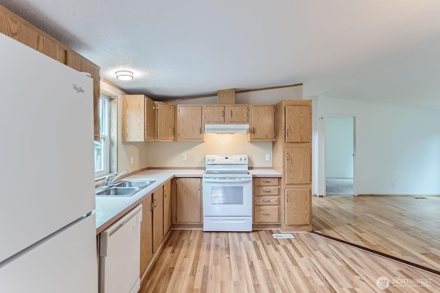 kitchen with under cabinet range hood, white appliances, a sink, vaulted ceiling, and light countertops