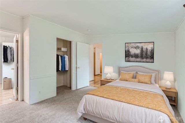 bedroom featuring a closet, light carpet, crown molding, and a spacious closet