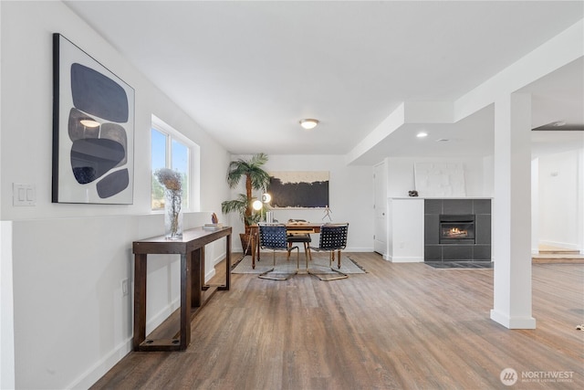 dining space with a tiled fireplace and hardwood / wood-style flooring