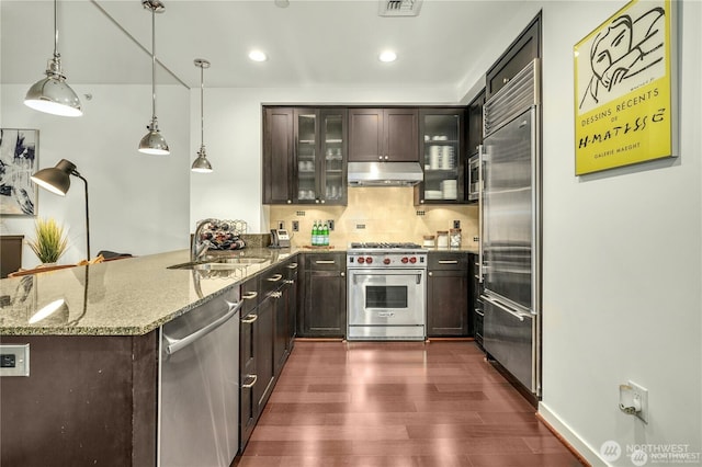 kitchen featuring pendant lighting, high end appliances, tasteful backsplash, light stone countertops, and kitchen peninsula