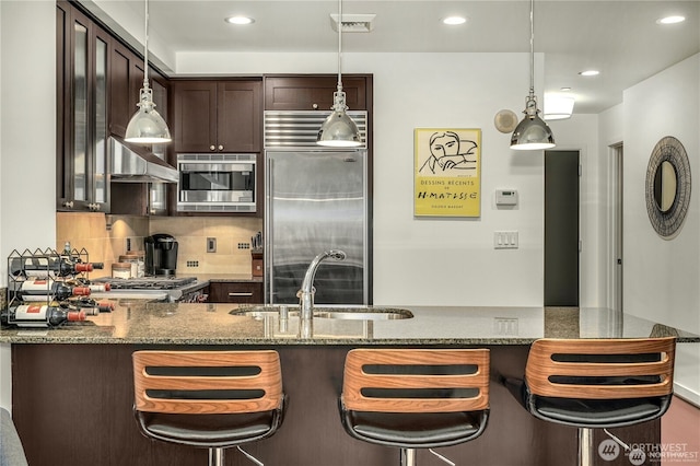 kitchen with dark brown cabinetry, dark stone countertops, and a kitchen breakfast bar