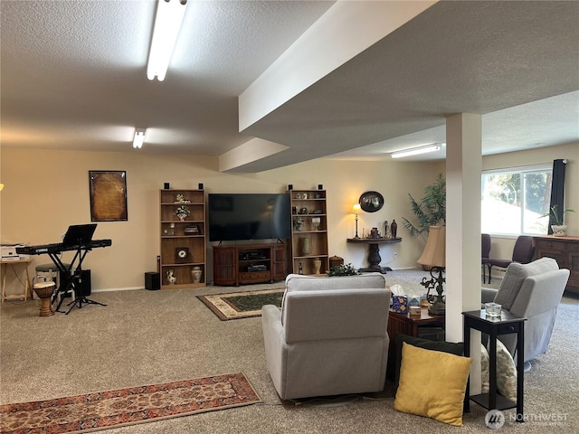 carpeted living room with a textured ceiling