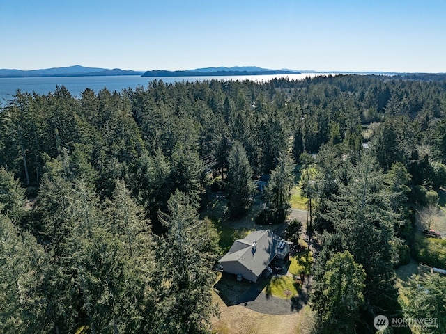 aerial view featuring a water and mountain view and a wooded view